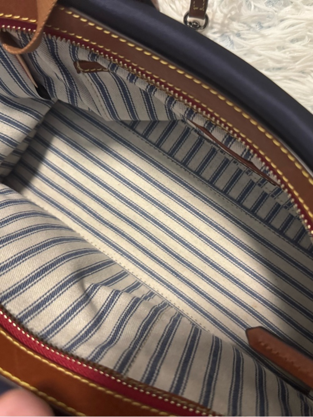 Dooney & Bourke Navy and Brown Leather Satchel with Shoulder Strap - Picture 5 of 10